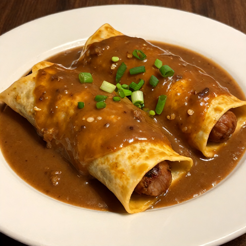 Plated Sausage Gravy Enchiladas with green onions