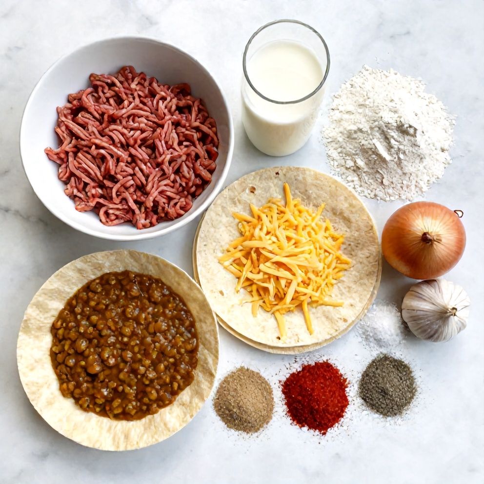 Raw ingredients for Sausage Gravy Enchiladas on a marble surface
