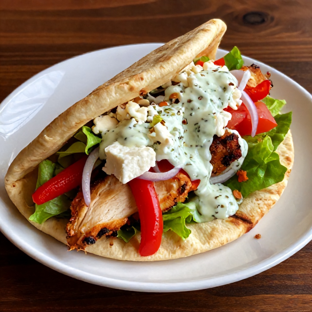 Finished Sheet Pan Chicken Pita with Herby Ranch Sauce