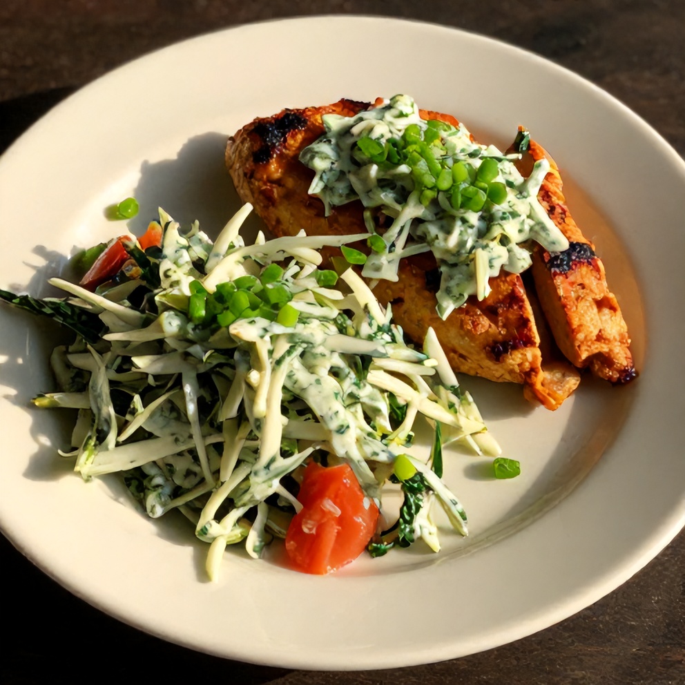 One perfect plated serving of Sheet Pan Chicken Pitas with Fresh Herb Ranch Slaw, close crop, warm side lighting