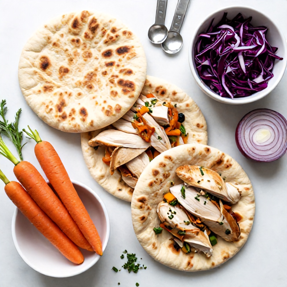 Overhead flat lay of chicken, pita, vegetables, and herbs, bright light, white marble surface