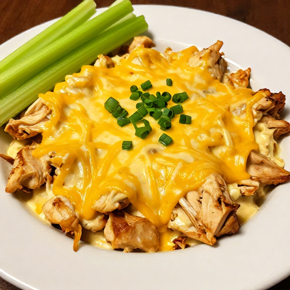 Plated Buffalo Chicken Dip with Celery Sticks