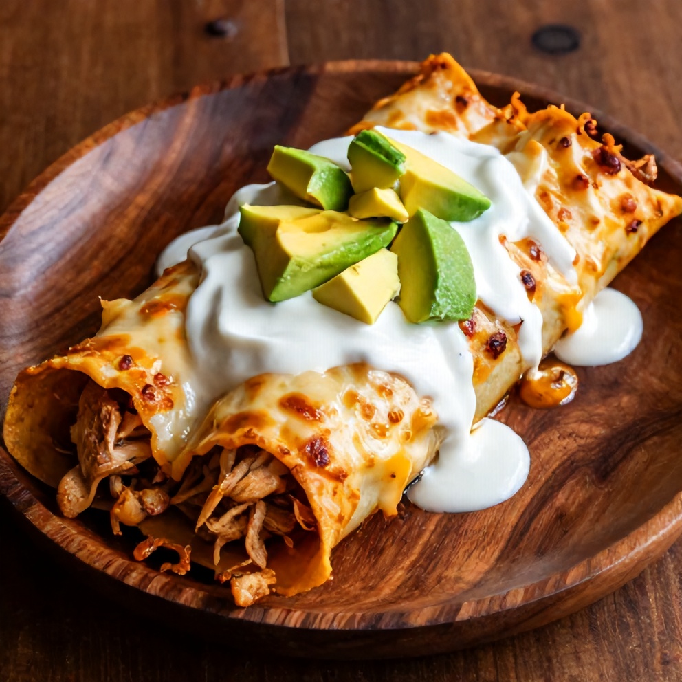 Plated Slow Cooker Chicken Enchiladas with sour cream and avocado