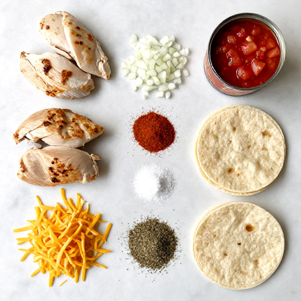 Raw ingredients for Slow Cooker Chicken Enchiladas including chicken, tortillas, cheese, and enchilada sauce