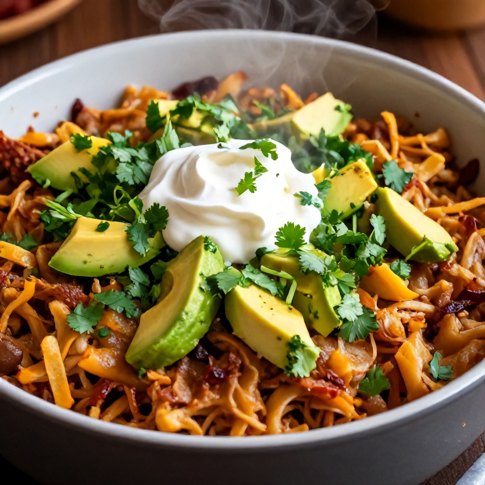 Easy Slow Cooker Cowboy Casserole served in a bowl with a side of green salad