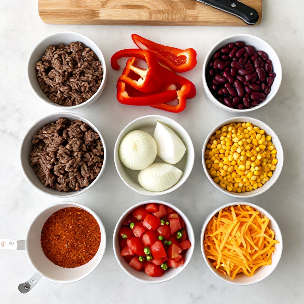 Ingredients for Easy Slow Cooker Cowboy Casserole laid out on a white marble counter
