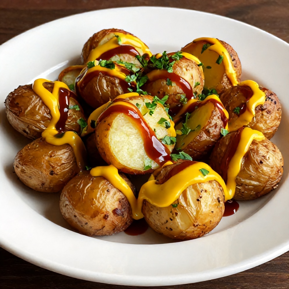 Plated serving of smoked baby potatoes with beer mustard and BBQ rub