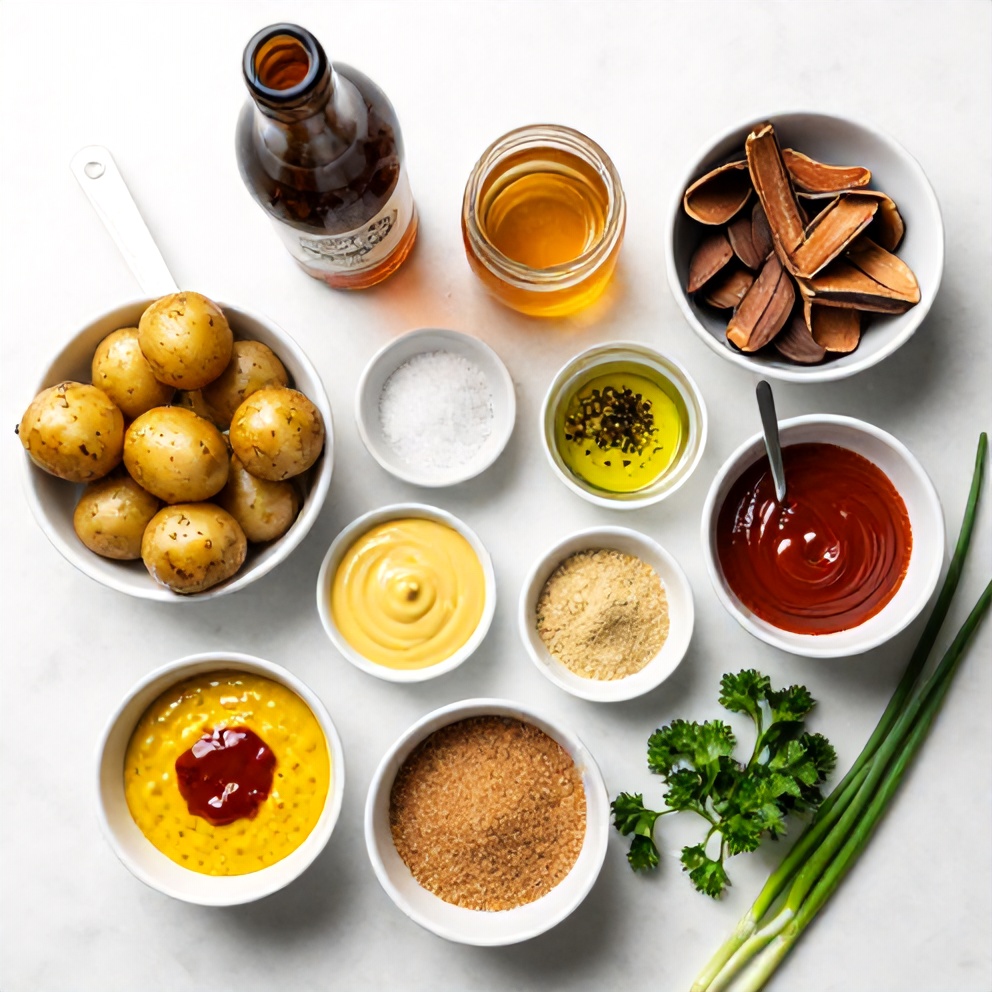 Raw ingredients for smoked baby potatoes with beer mustard and BBQ rub