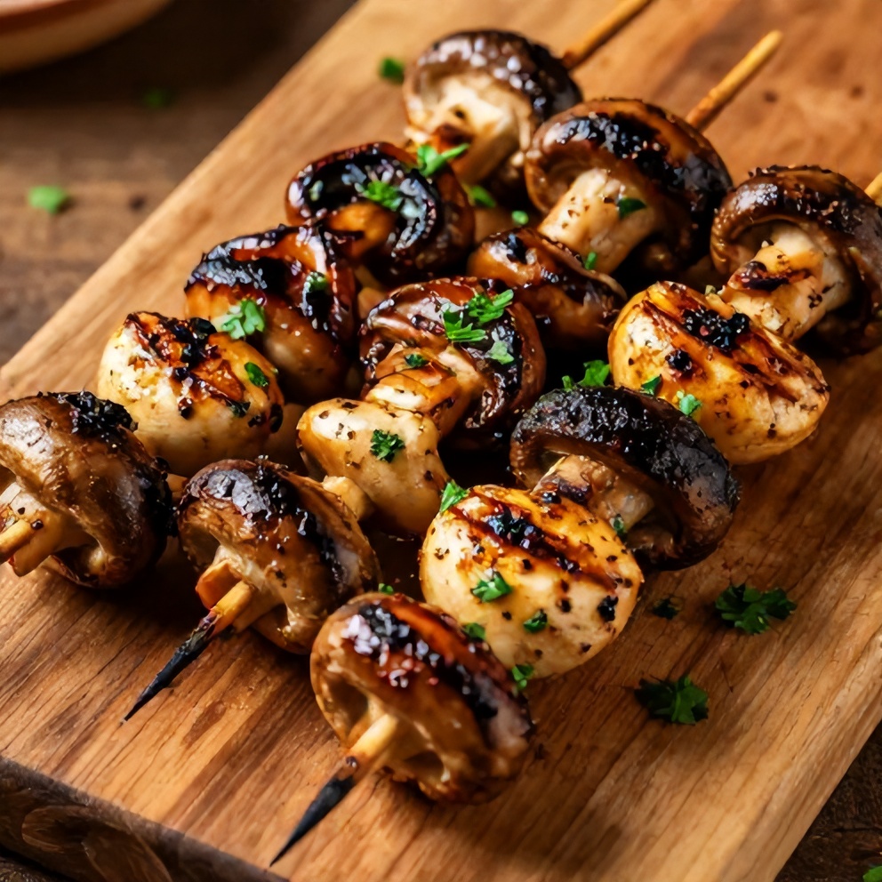 Smoky grilled mushroom skewers plated with parsley garnish