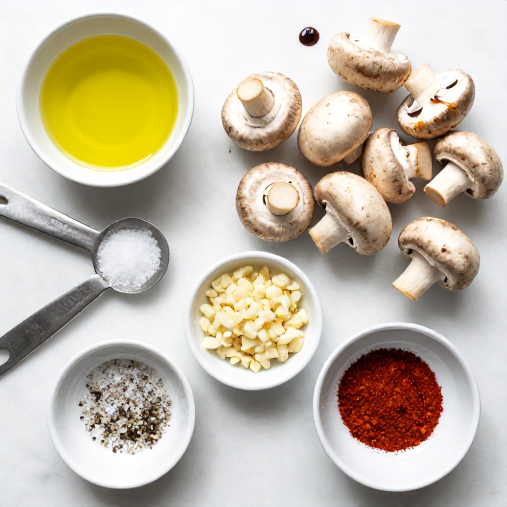 Mushrooms, skewers, olive oil, salt, pepper, garlic, balsamic glaze
