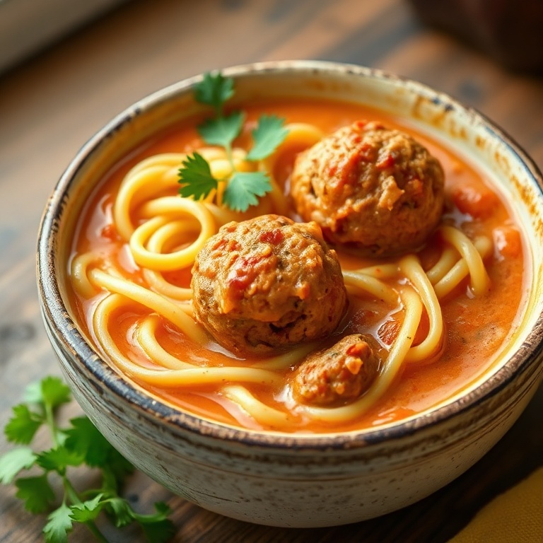 Finished spaghetti meatball soup with parsley garnish