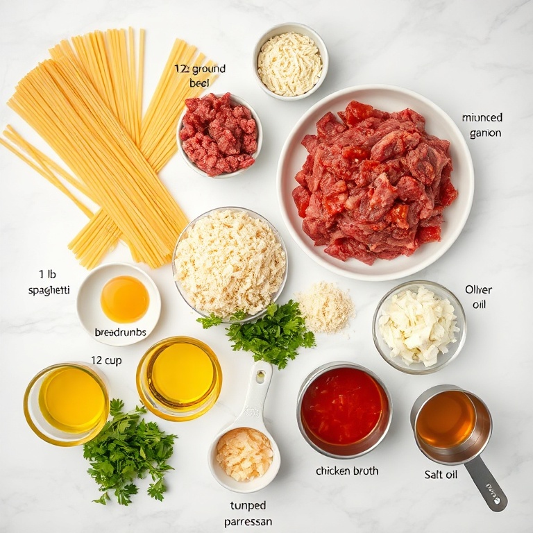 Raw ingredients for spaghetti meatball soup