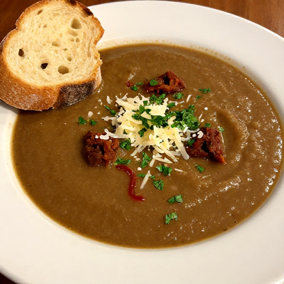 Spanish Potato Soup with Chorizo plated with crusty bread