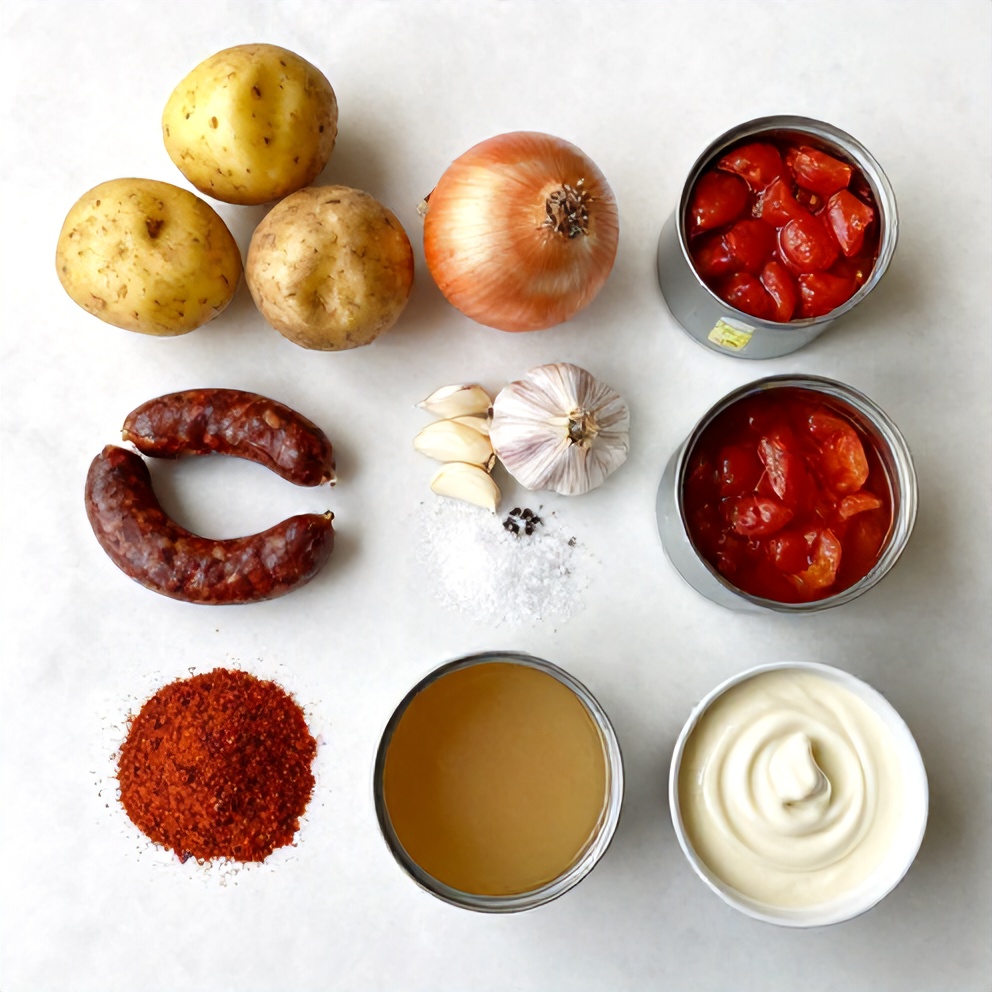 Raw ingredients for Spanish Potato Soup with Chorizo