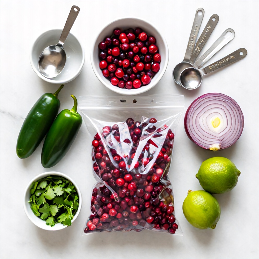 Raw ingredients for Easy Spicy Cranberry Salsa on marble surface
