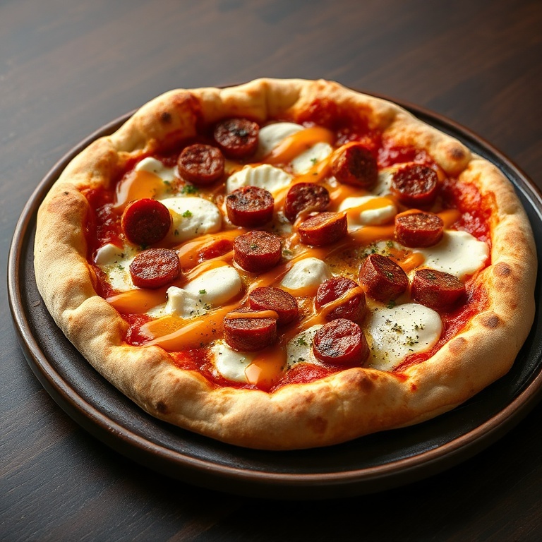 Perfectly cooked pizza with golden crust, spicy sausage, ricotta, and hot honey drizzle