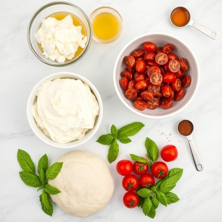Fresh ricotta, spicy sausage, pizza dough, cherry tomatoes, basil, and honey