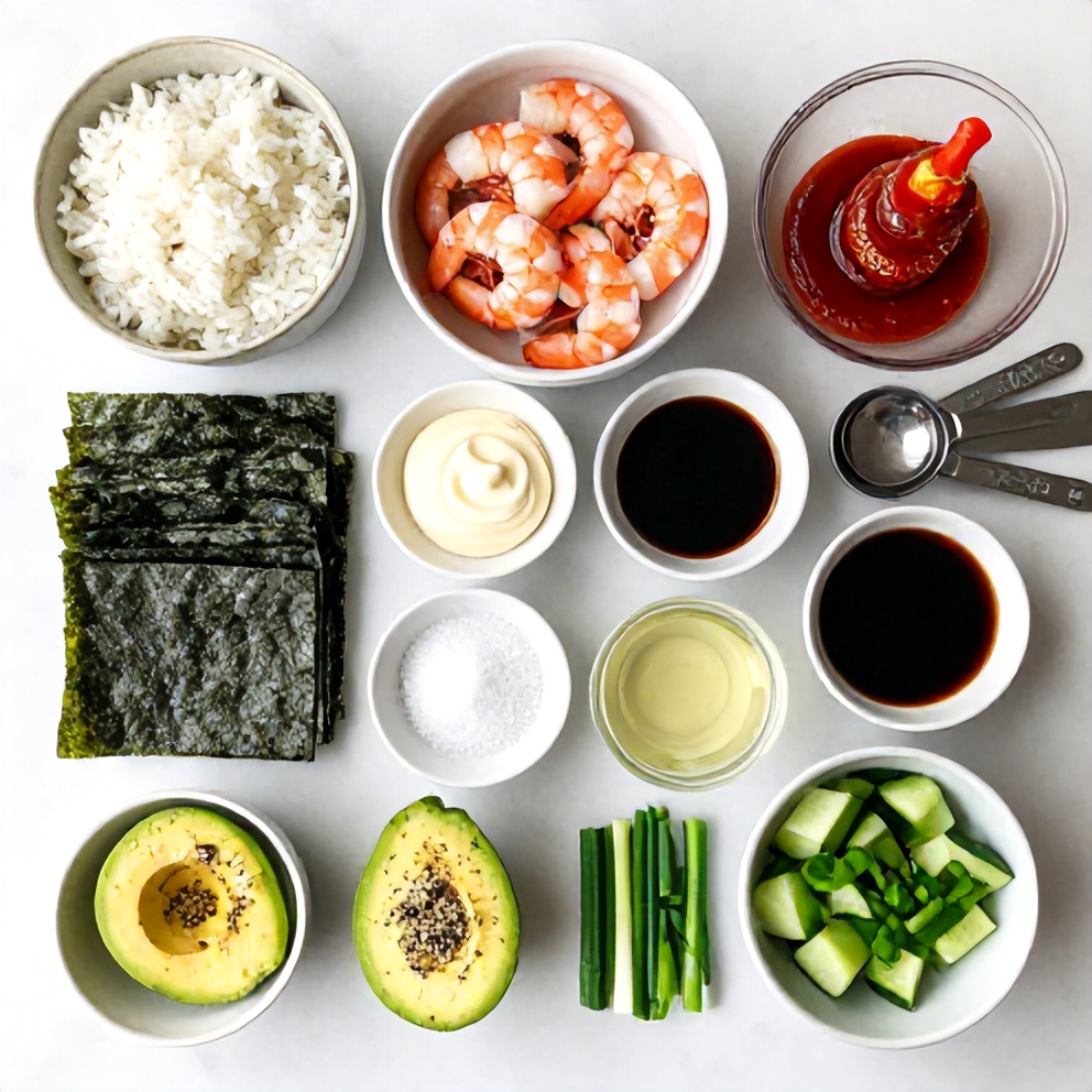 Raw ingredients for Spicy Shrimp Sushi Stacks on a marble surface