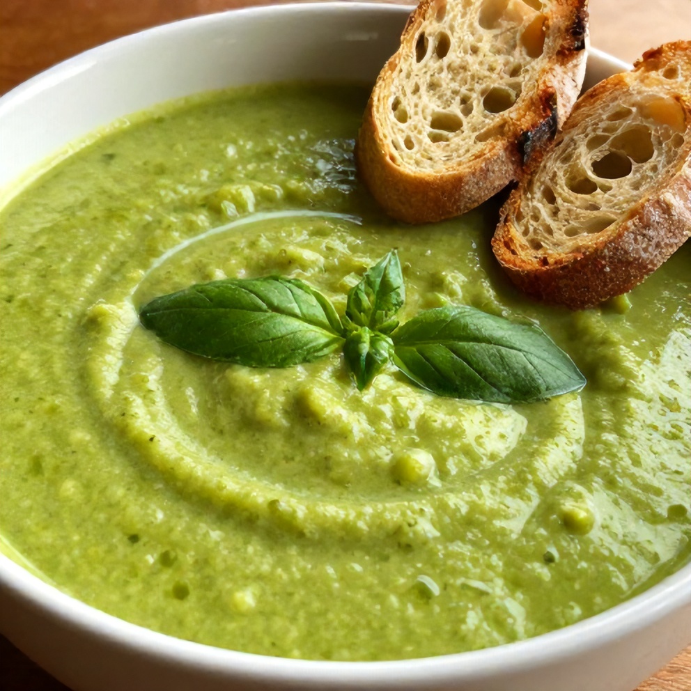 Bowl of Zucchini Basil Soup with Crusty Bread