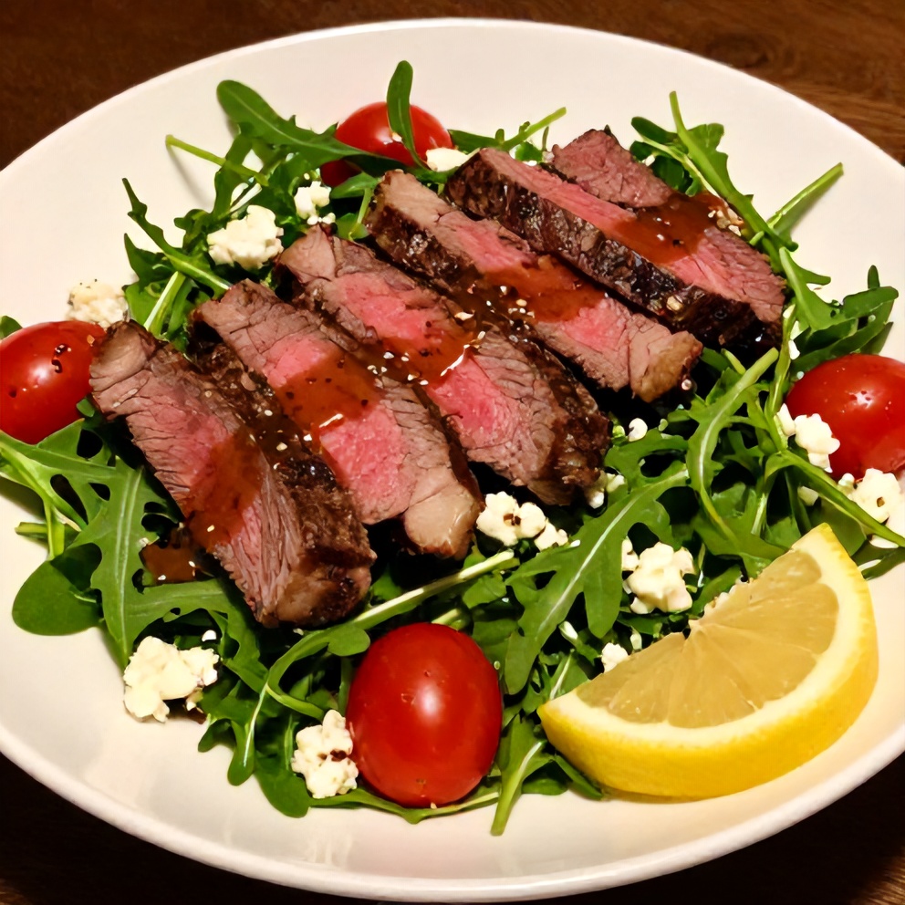 Plated Easy Steak and Arugula Salad with lemon wedges