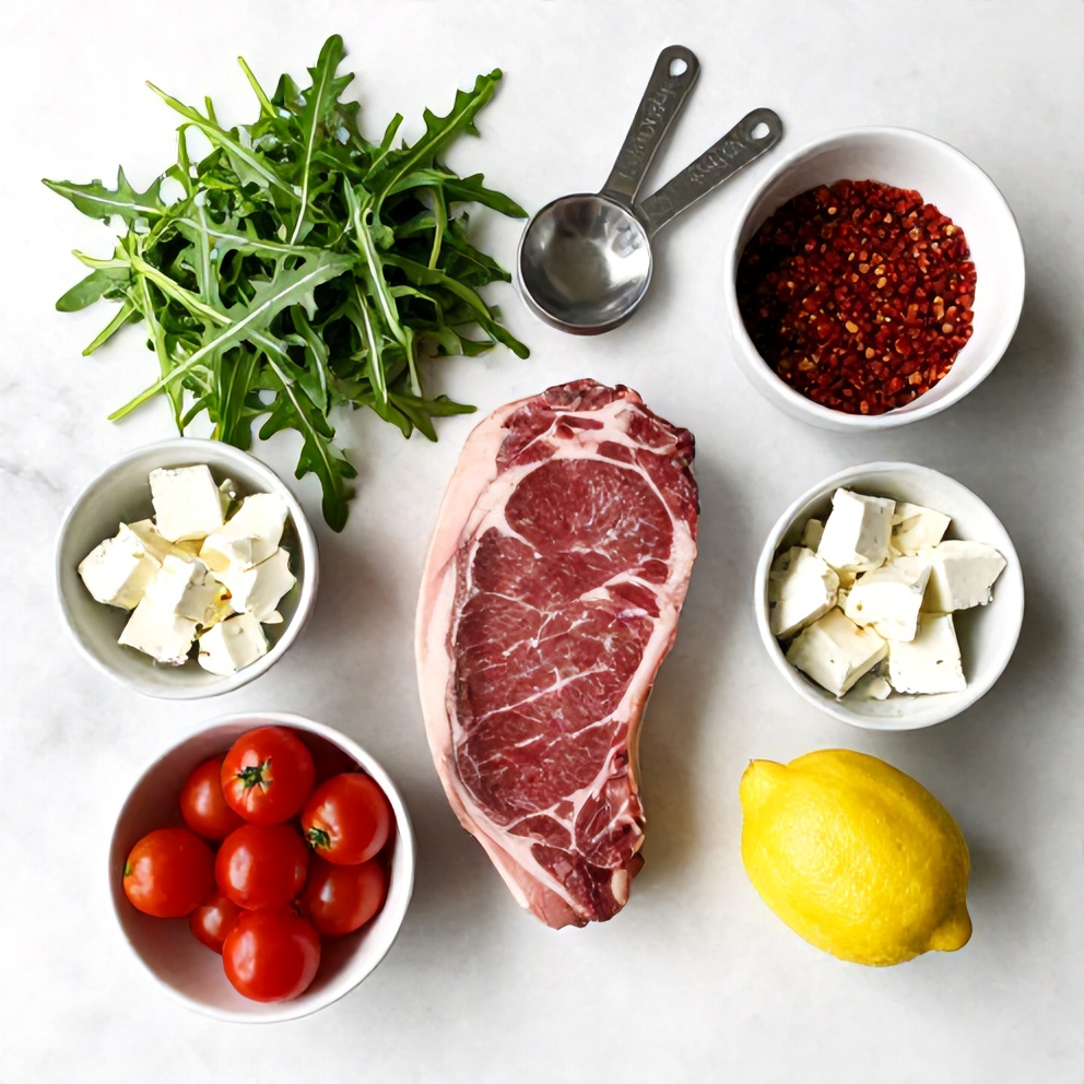 Raw ingredients for Easy Steak and Arugula Salad on a white marble surface