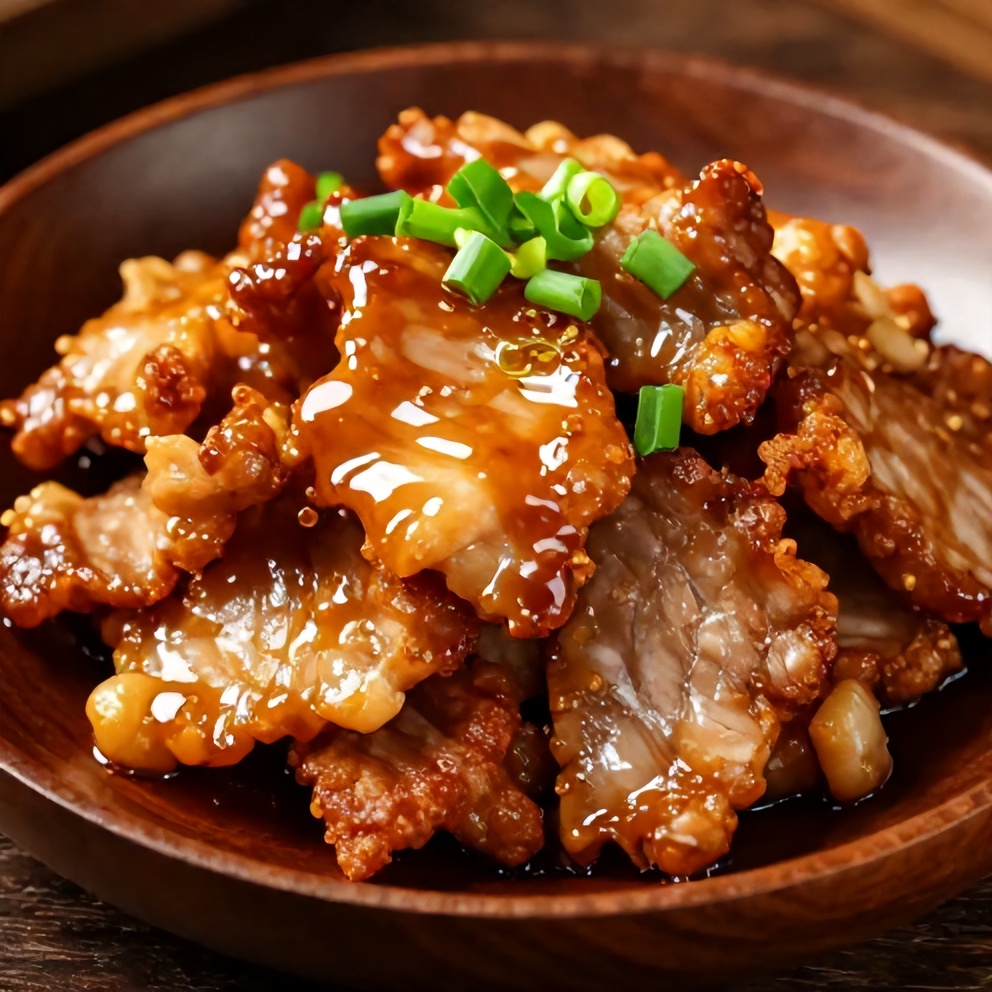 Plated Honey Garlic Pork with green onions