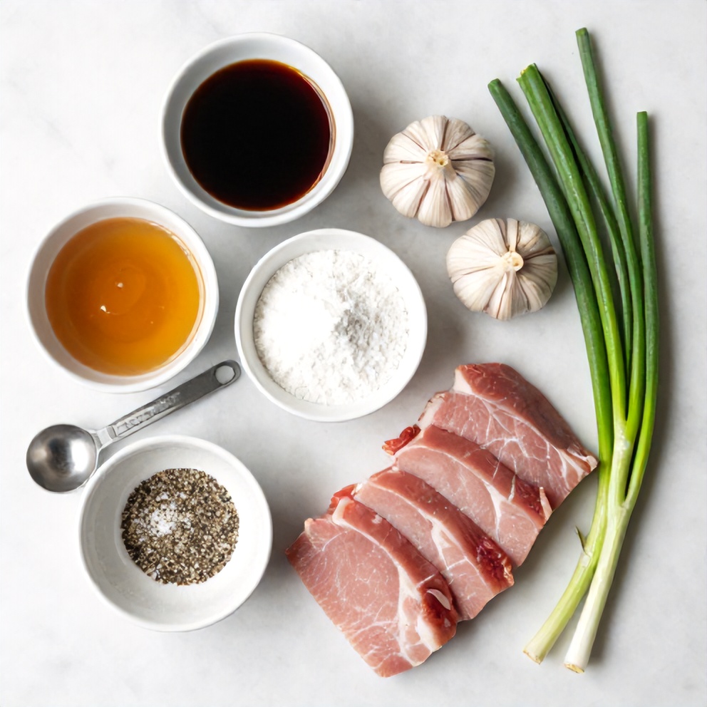 Raw ingredients for Honey Garlic Pork arranged in a flat lay