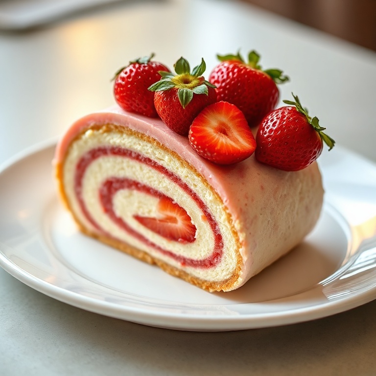 Perfectly plated strawberry cheesecake roll with fresh strawberries on top, served on a white plate, warm side lighting showing texture