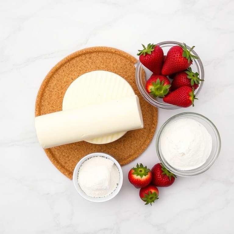 Raw ingredients for strawberry cheesecake roll: cream cheese, graham cracker crust, strawberries, powdered sugar, heavy cream on a white marble surface