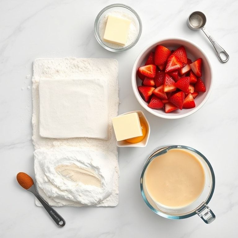 raw ingredients flat lay for strawberry cinnamon rolls