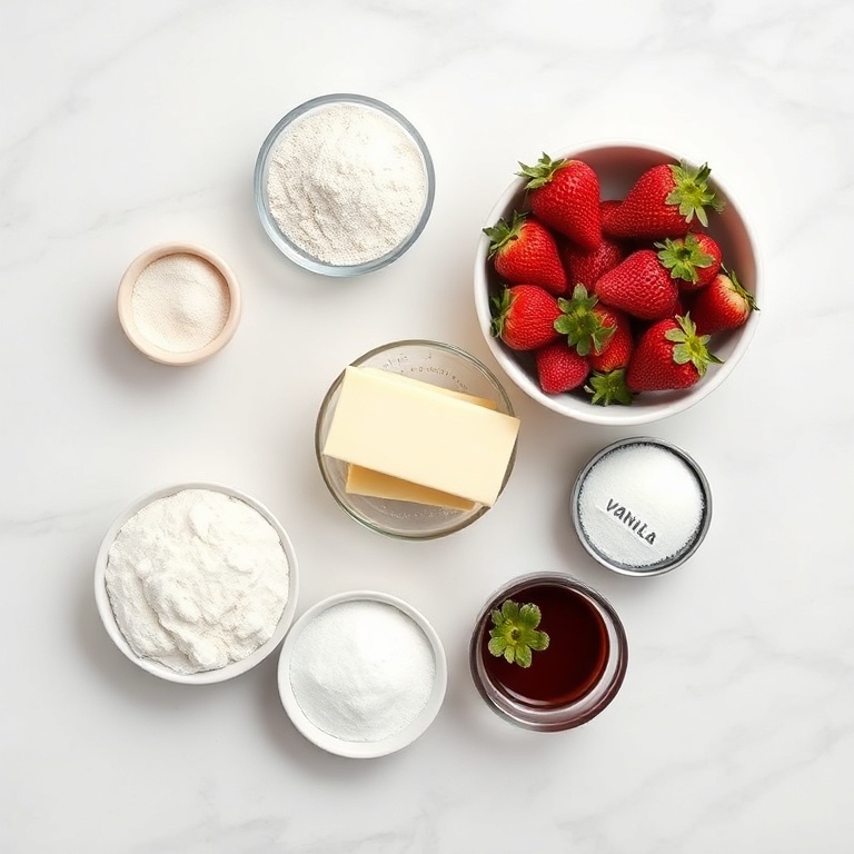 Raw ingredients for easy strawberry cookies arranged on marble