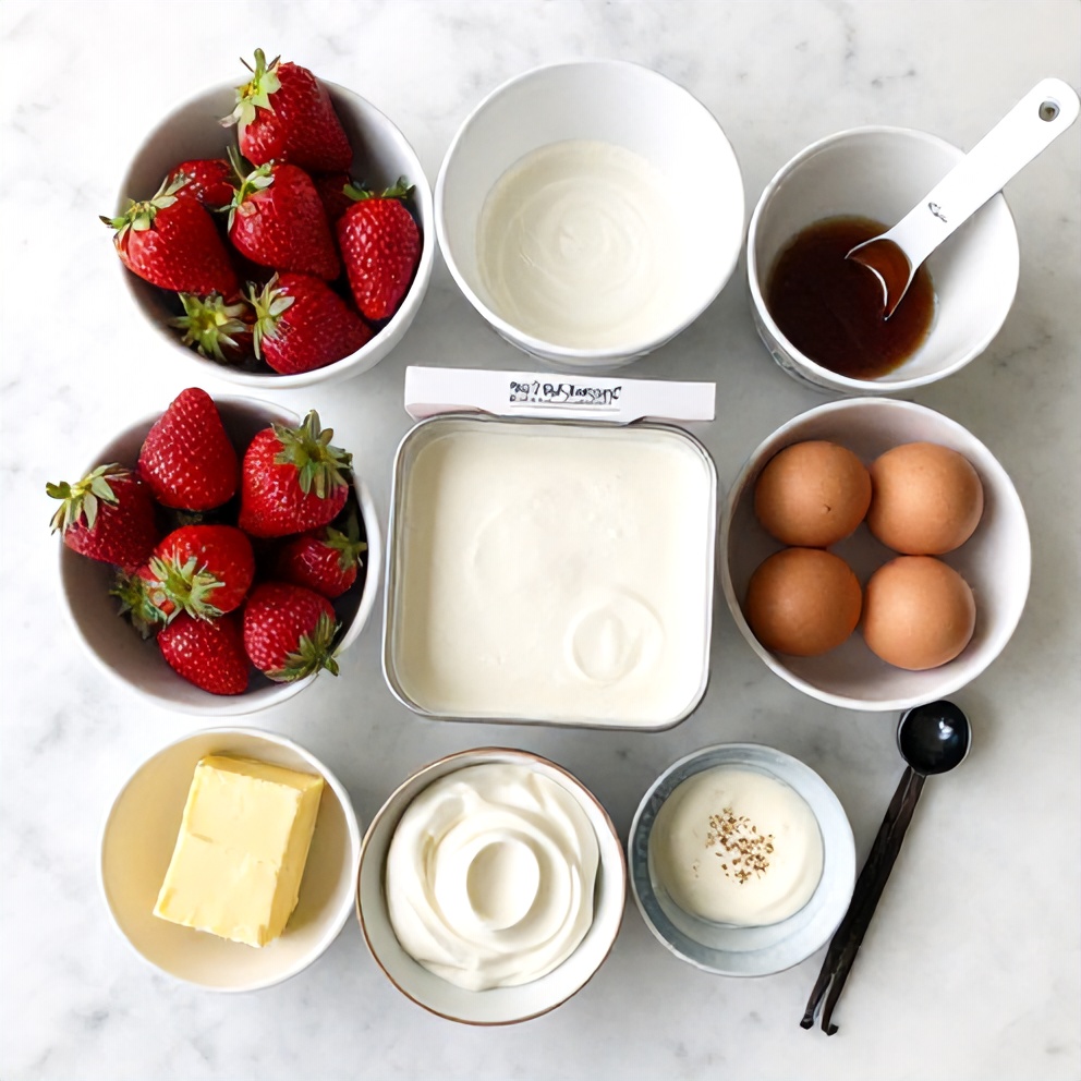 Raw ingredients for Strawberry Earthquake Cake on a marble surface