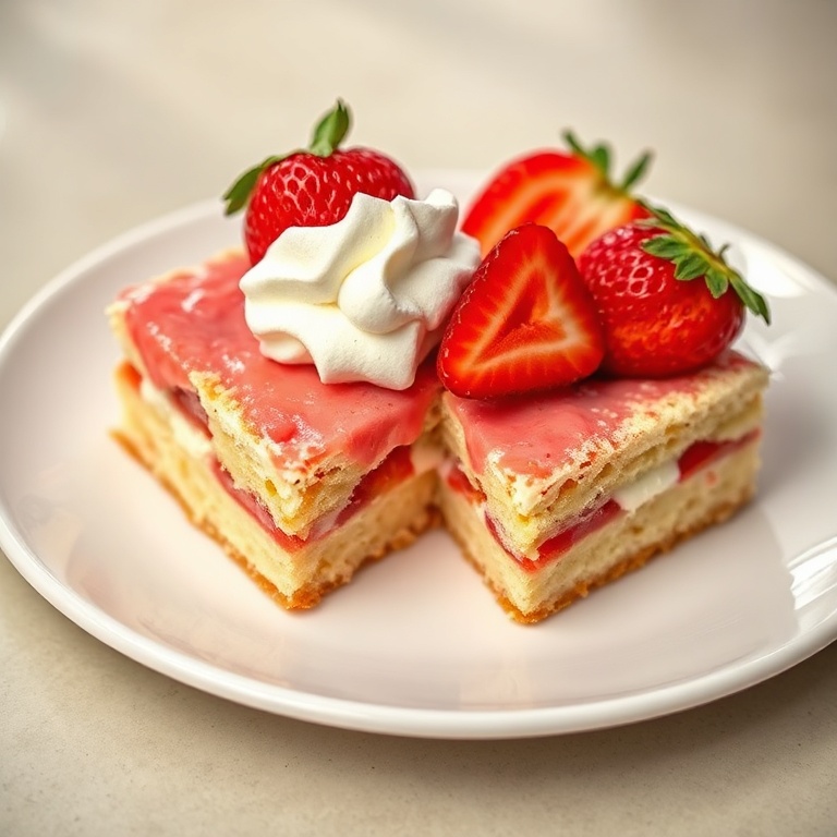 Perfectly sliced strawberry shortcake bars with whipped cream and fresh strawberries on a white plate
