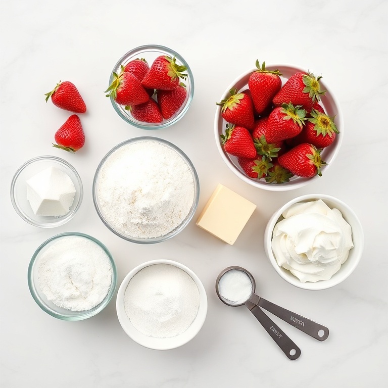 Fresh strawberries, flour, sugar, butter, whipped cream, and baking powder arranged in a flat lay