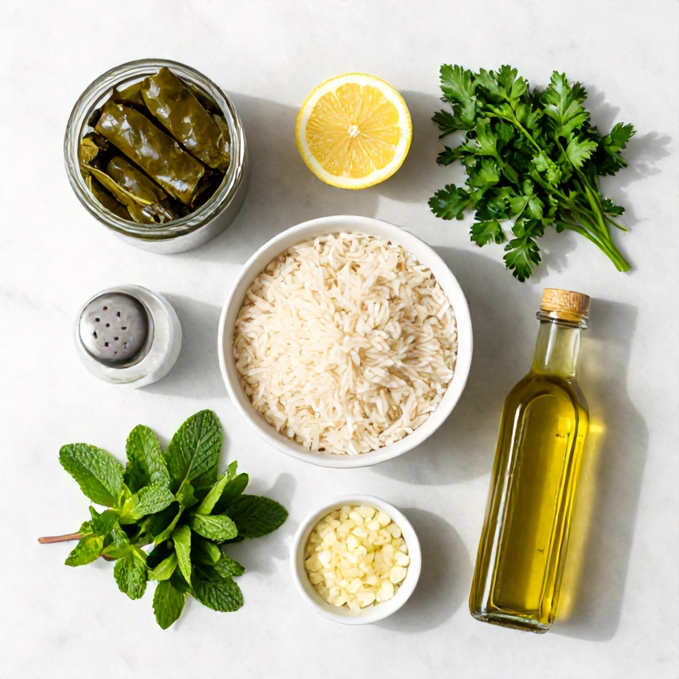 Raw Ingredients for Stuffed Grape Leaves