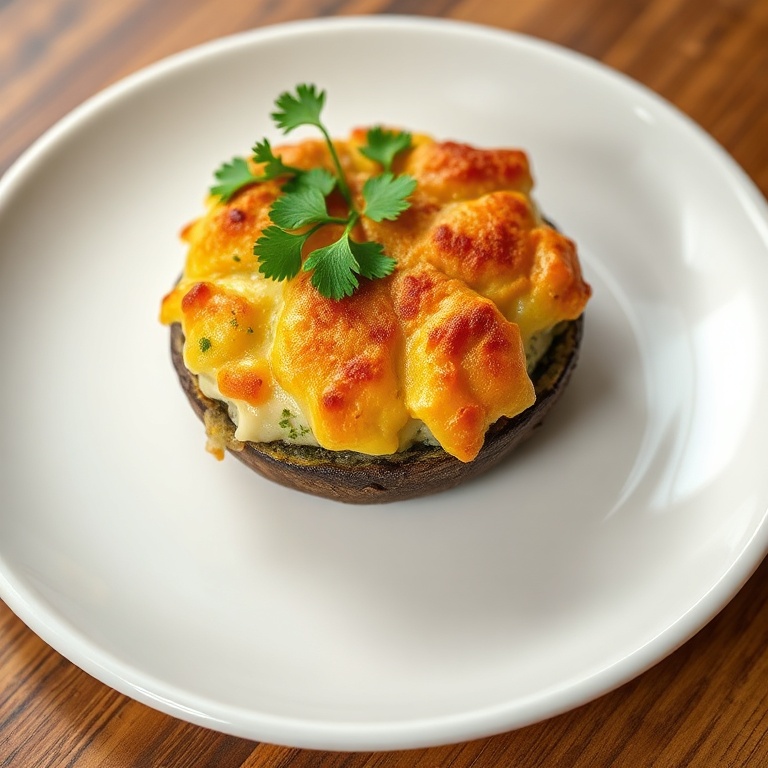 Perfectly plated stuffed mushroom casserole. Topped with fresh parsley. White ceramic plate under warm lighting. Crispy edges and creamy center shown.