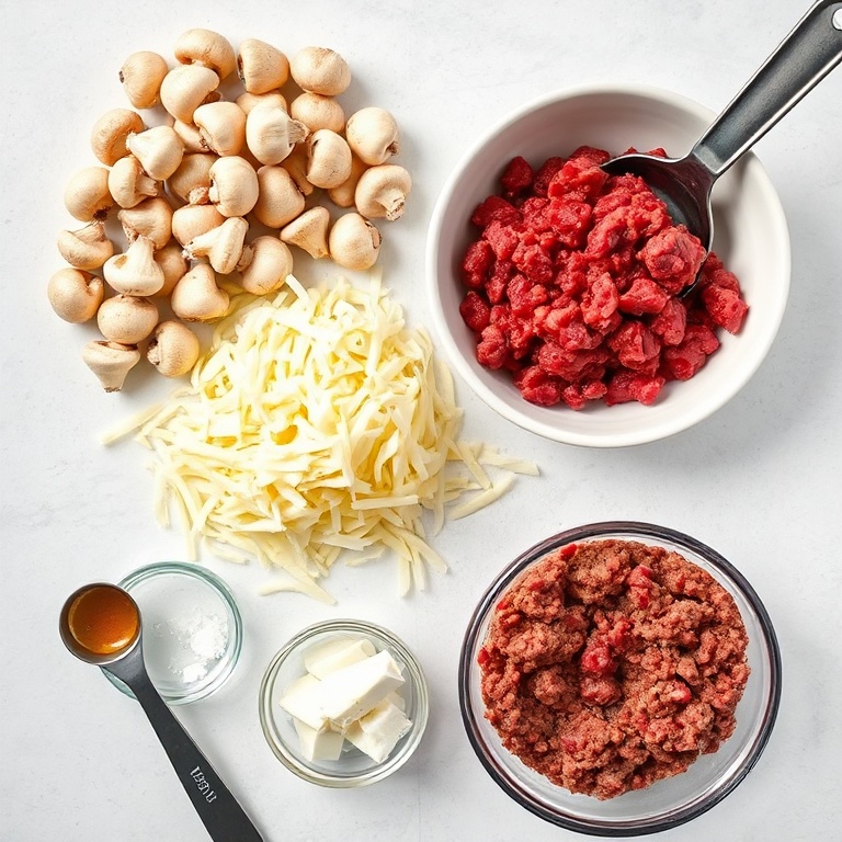 Fresh mushrooms, shredded cheese, cooked ground beef, diced onions, and garlic arranged in an overhead flat lay. Measuring spoons and bowls visible. Bright natural light.
