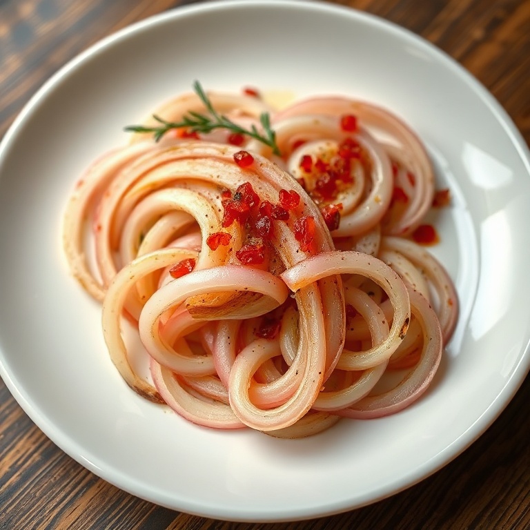 Plated onions with sumac garnish. White ceramic plate with warm lighting. Close crop showing crispy edges. Photorealistic food photography style.
