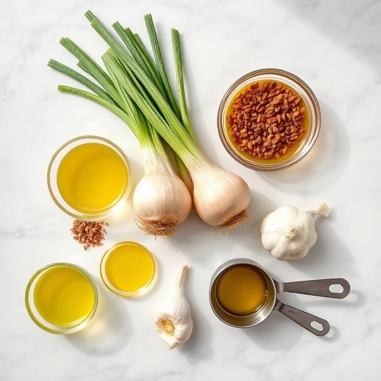 Fresh onions, sumac, olive oil, garlic, and lemon on a white marble surface. Measuring spoons and bowls visible. Bright even light.