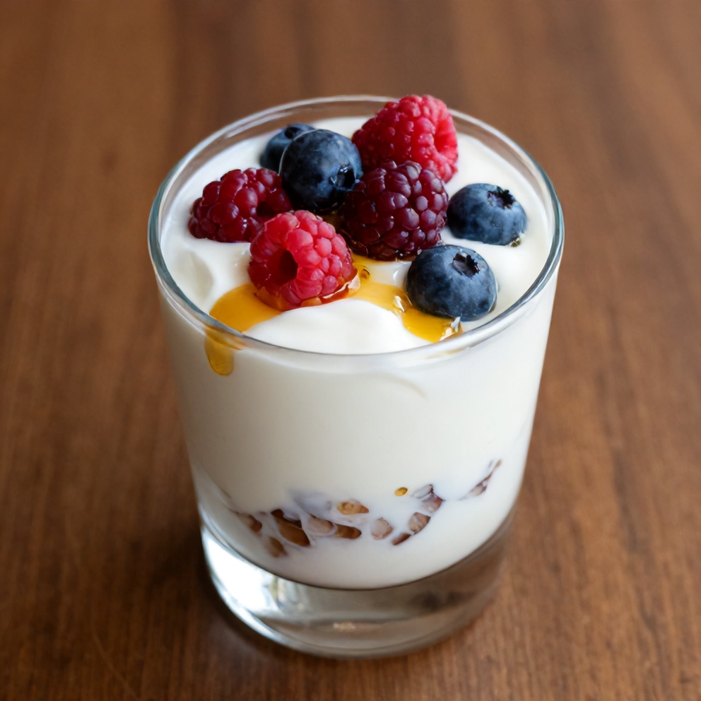 Finished summer yogurt parfait with fresh berries and honey, ready to serve