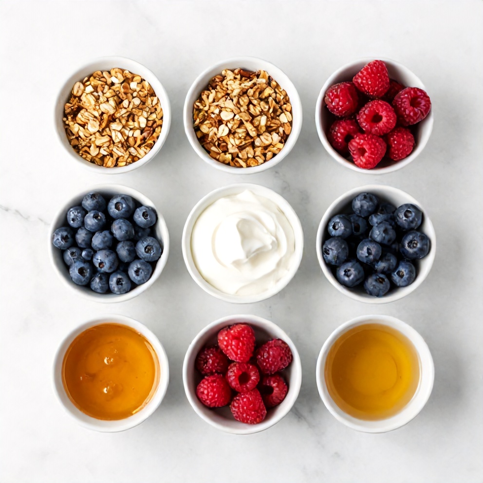 Raw ingredients for summer yogurt parfait: Greek yogurt, granola, fresh berries, honey