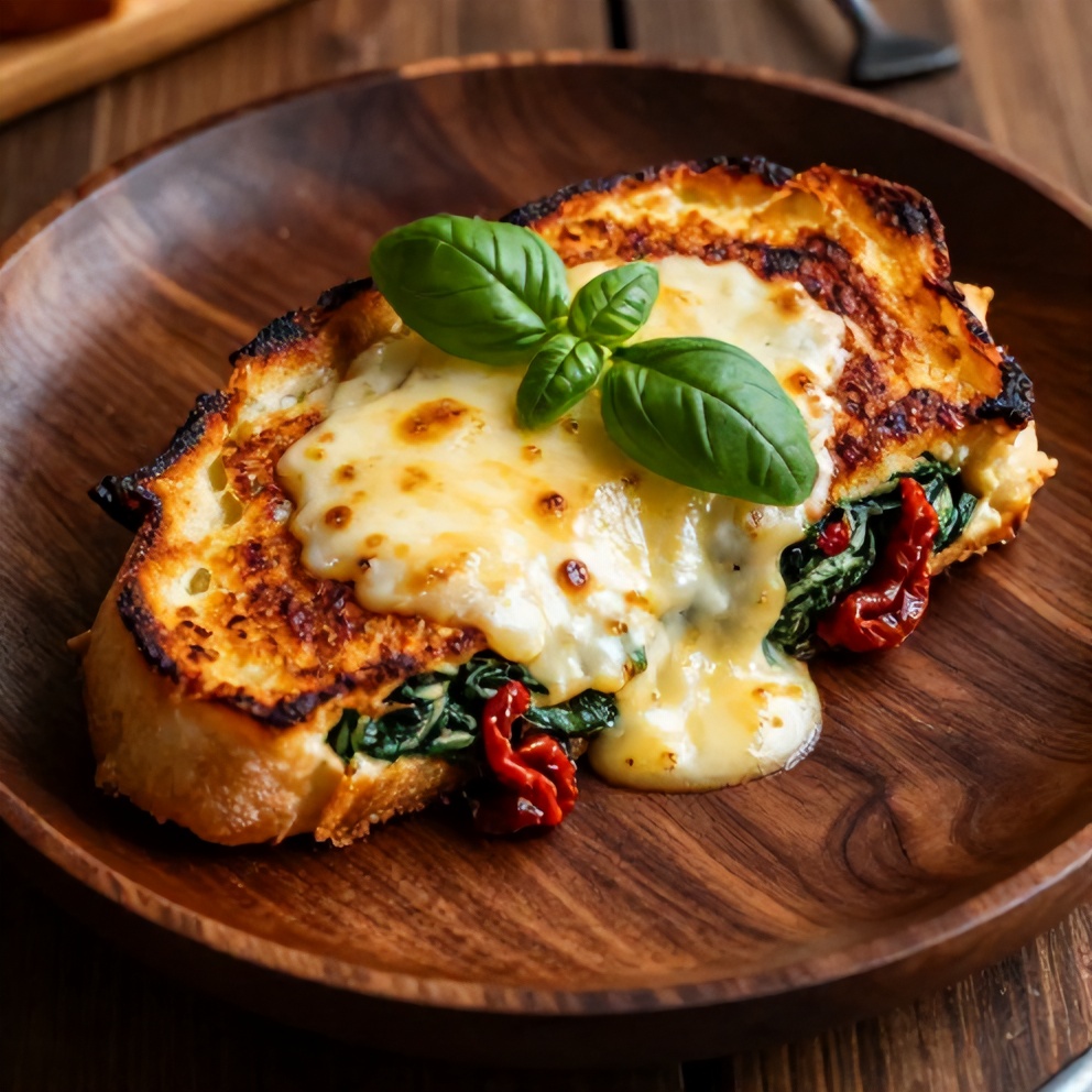 Plated sun-dried tomato spinach grilled cheese
