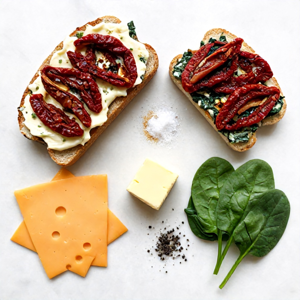 Raw ingredients for sun-dried tomato spinach grilled cheese