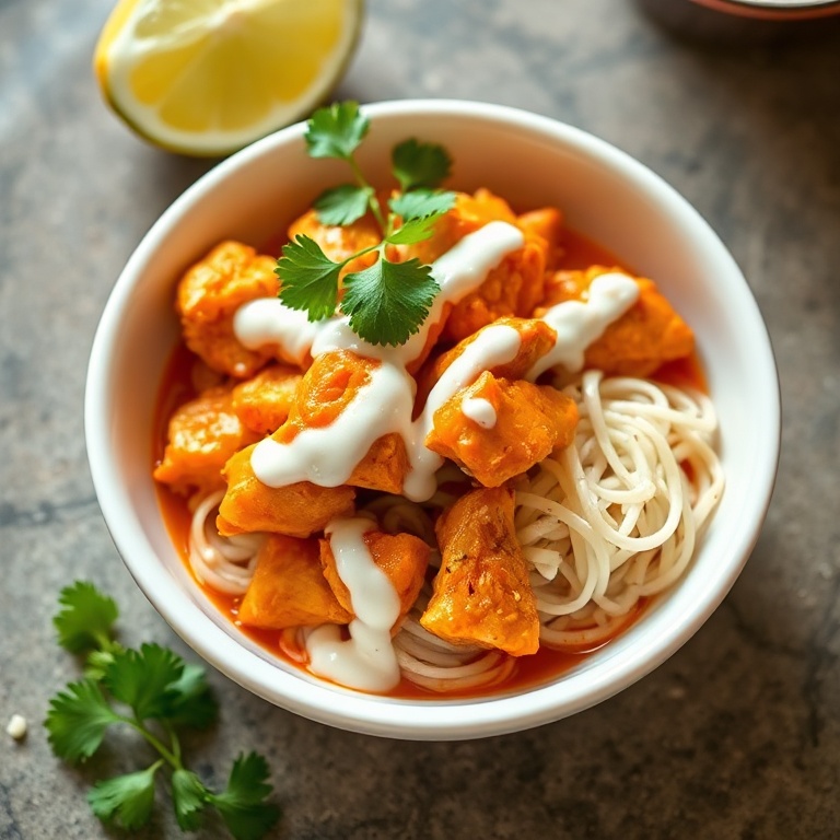 Perfectly plated sweet chili chicken bowl. Coconut lime sauce drizzled, fresh cilantro on top. White ceramic bowl with warm lighting. Photorealistic food photography.