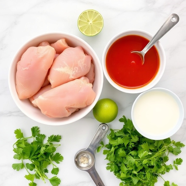 Raw ingredients for sweet chili chicken bowl. Chicken thighs, sweet chili sauce, coconut milk, lime, and fresh cilantro. Measuring spoons and bowls on a white marble surface.
