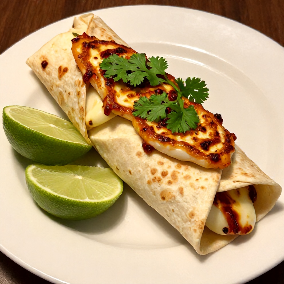 Plated Sweet Chili Halloumi Wrap with fresh cilantro garnish