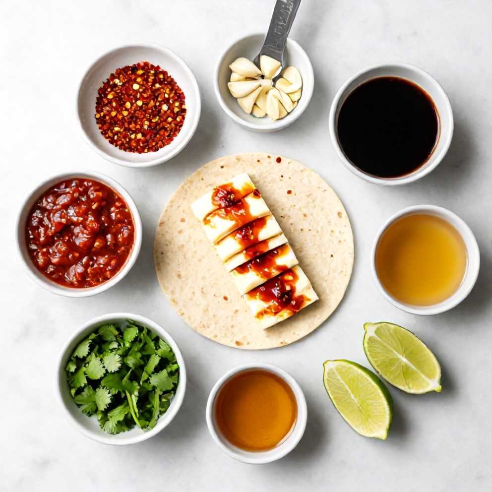 Sweet Chili Halloumi Wrap ingredients on a white marble surface