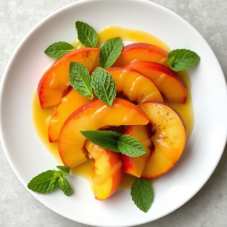 A plate of fresh sweet peach salad with a drizzle of dressing on top. Mint leaves and sliced peaches are arranged attractively.