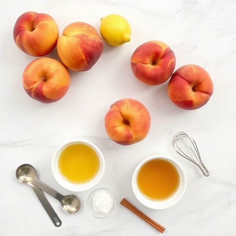 A flat lay of fresh peaches, honey, lemon juice, and a small bowl of dressing. Measuring spoons and a whisk are nearby.