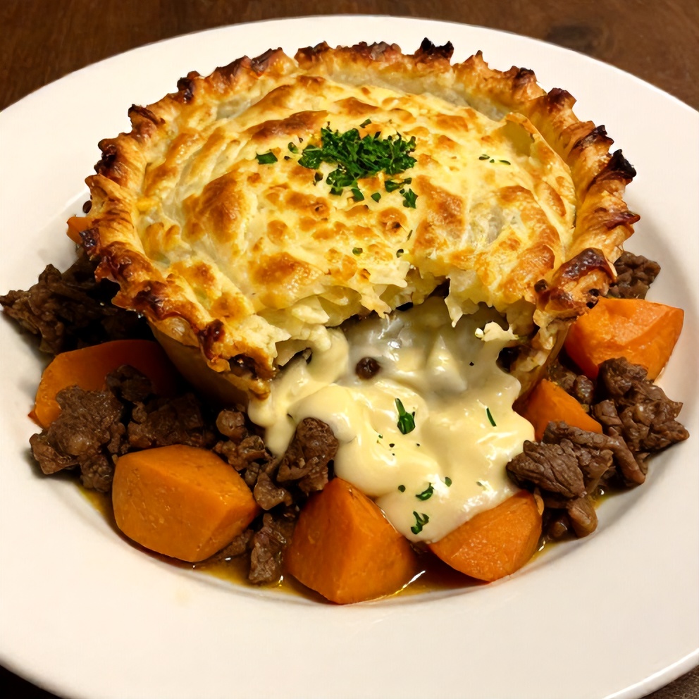 Sweet Potato Shepherd’s Pie on plate with green garnish